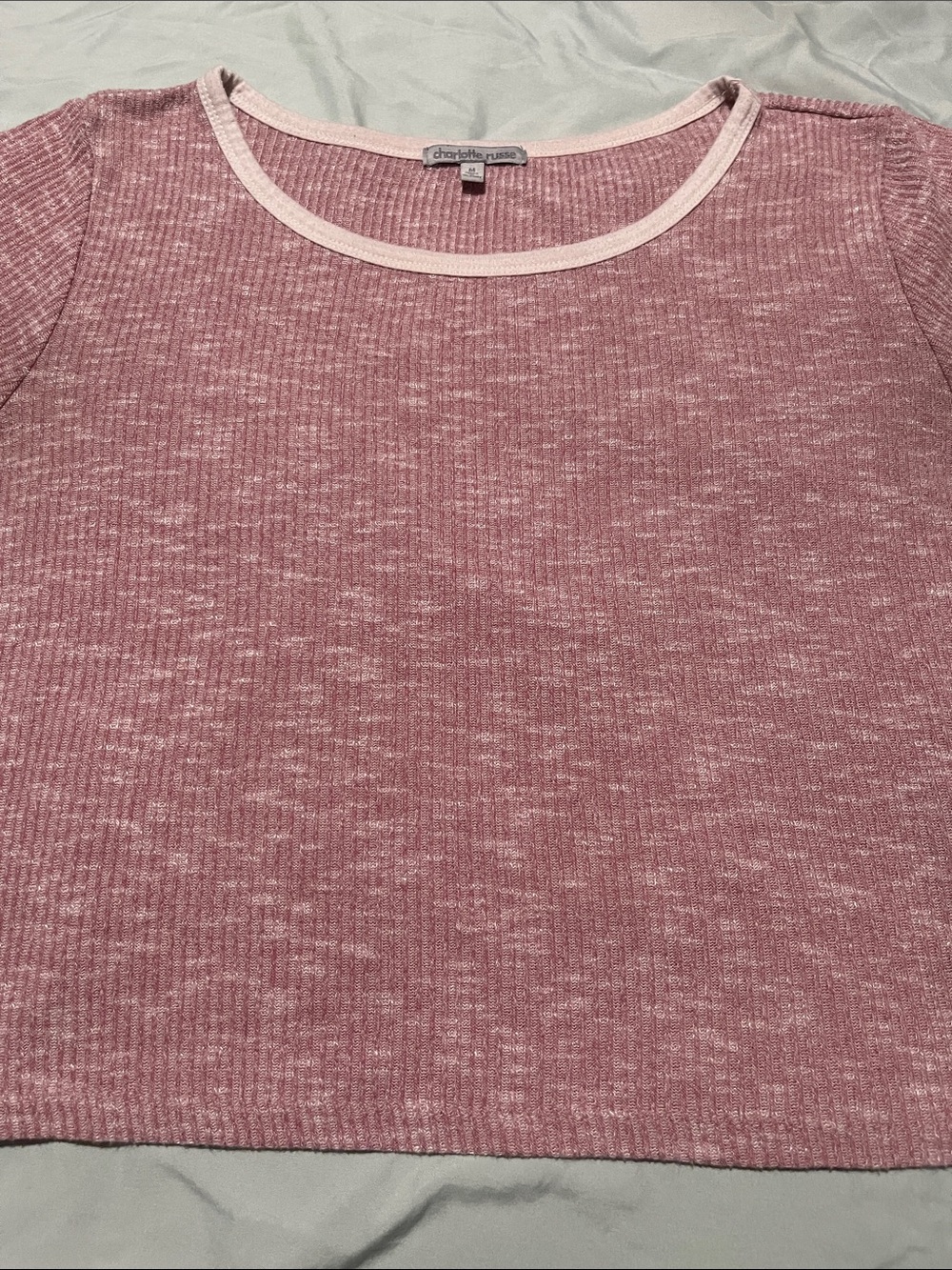 Charlotte Russe Mauve Ribbed Short Sleeve Crop Top with Contrast Trim